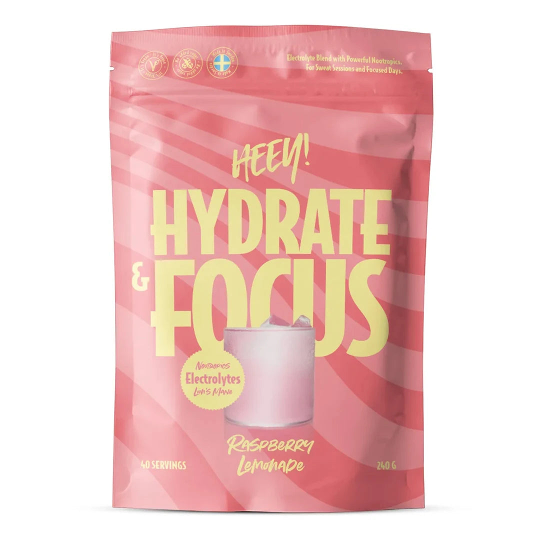 Heey! Elektrolytter + Lions Mane 240 g i en rosa pose med gule detaljer for smaken Raspberry Lemonade.