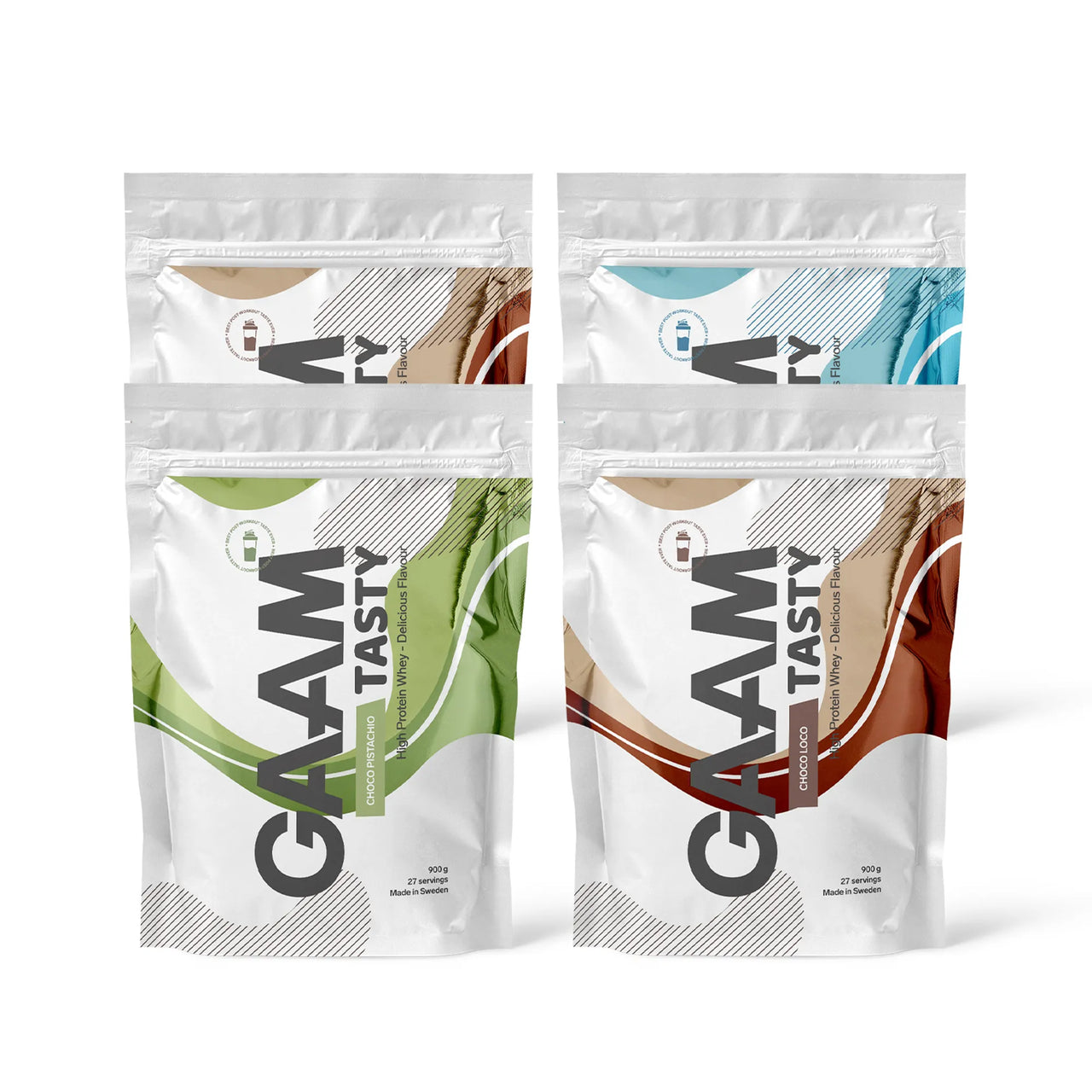 4 x GAAM Tasty Whey Proteinpulver 900 g i fire hvite poser med fargerike bølgemønstre for ulike smaker.