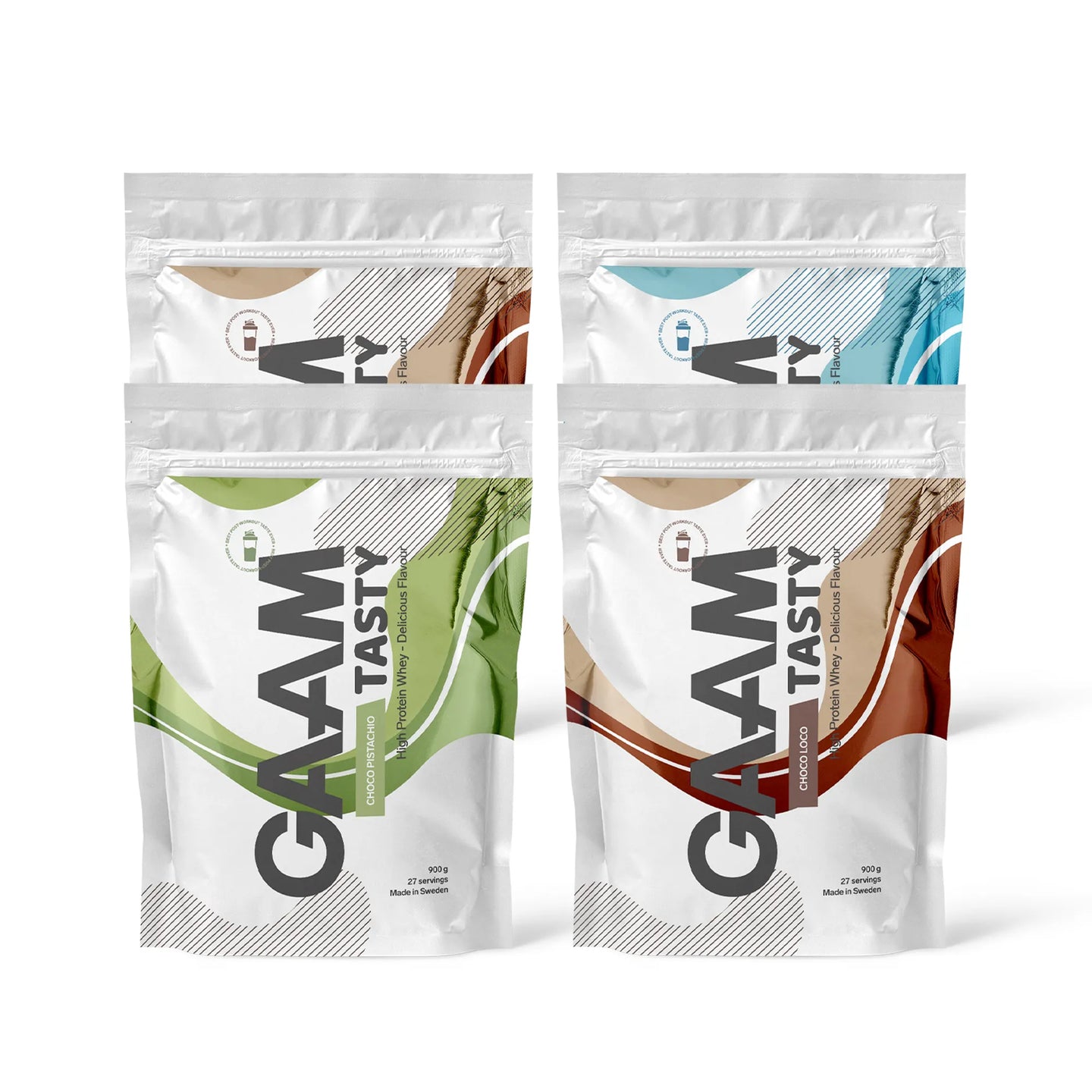 4 x GAAM Tasty Whey Proteinpulver 900 g i fire hvite poser med fargerike bølgemønstre for ulike smaker.