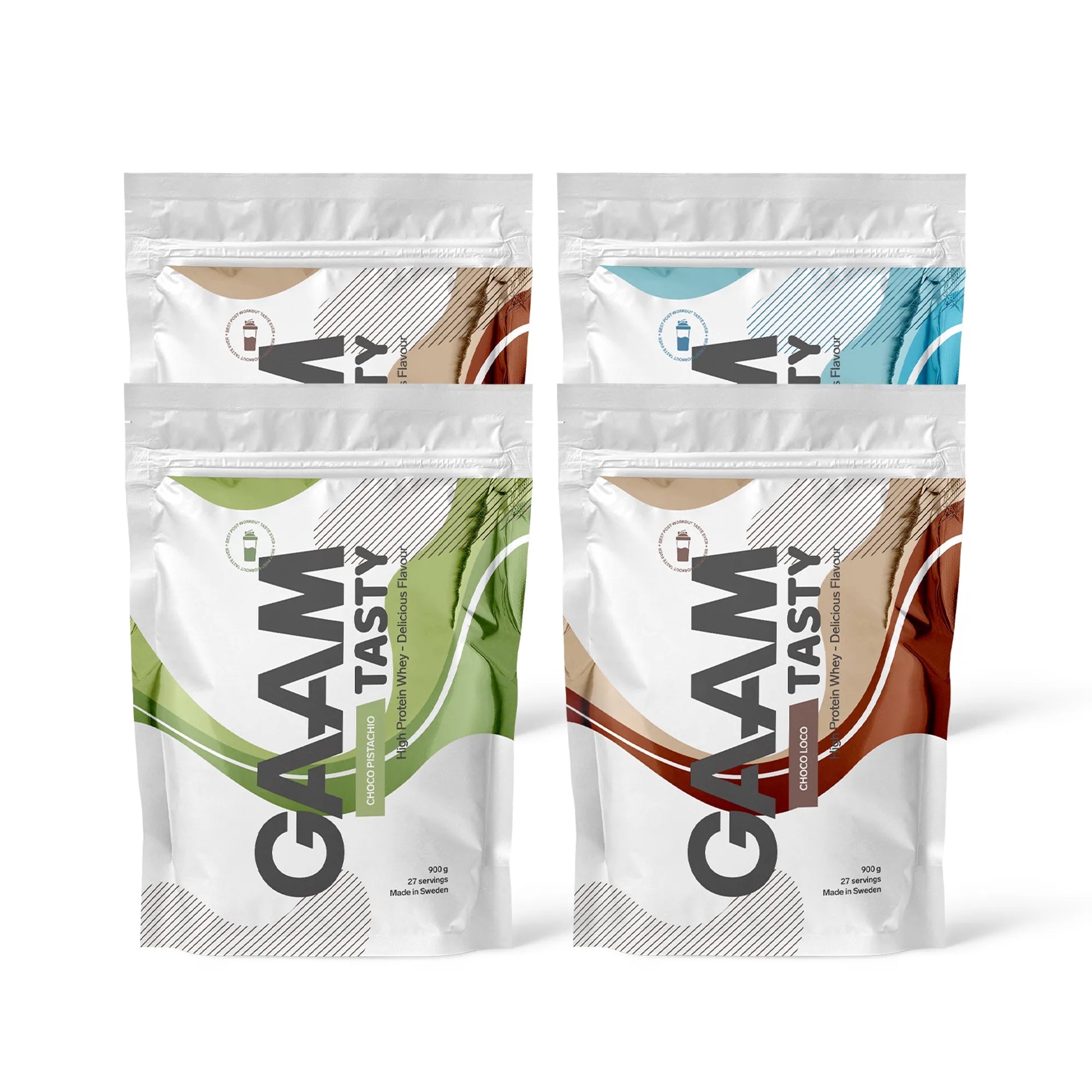 4 x GAAM Tasty Whey Proteinpulver 900 g i fire hvite poser med fargerike bølgemønstre for ulike smaker.