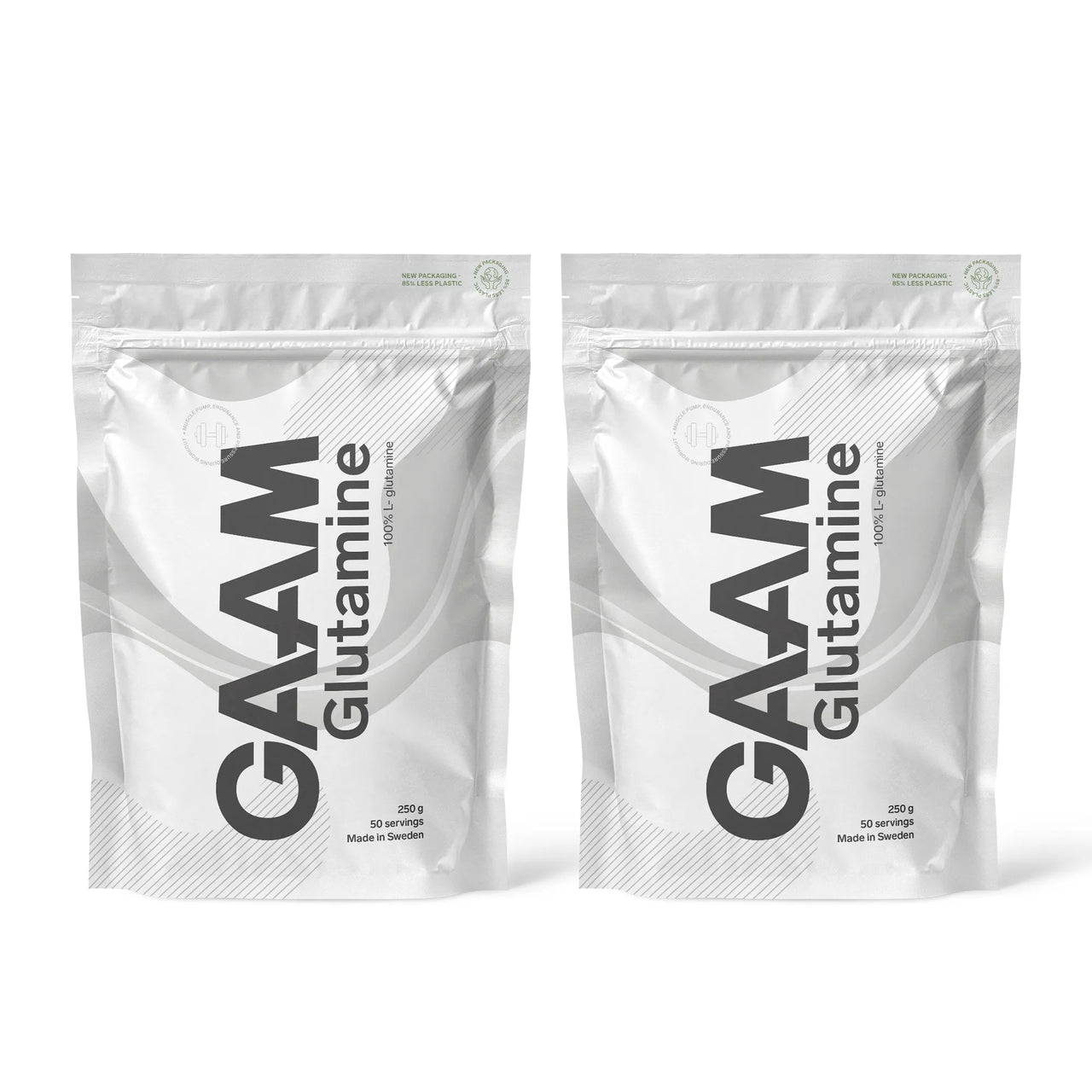 2 x GAAM Glutamine 250 g aminosyrer i to hvite poser med grå detaljer.