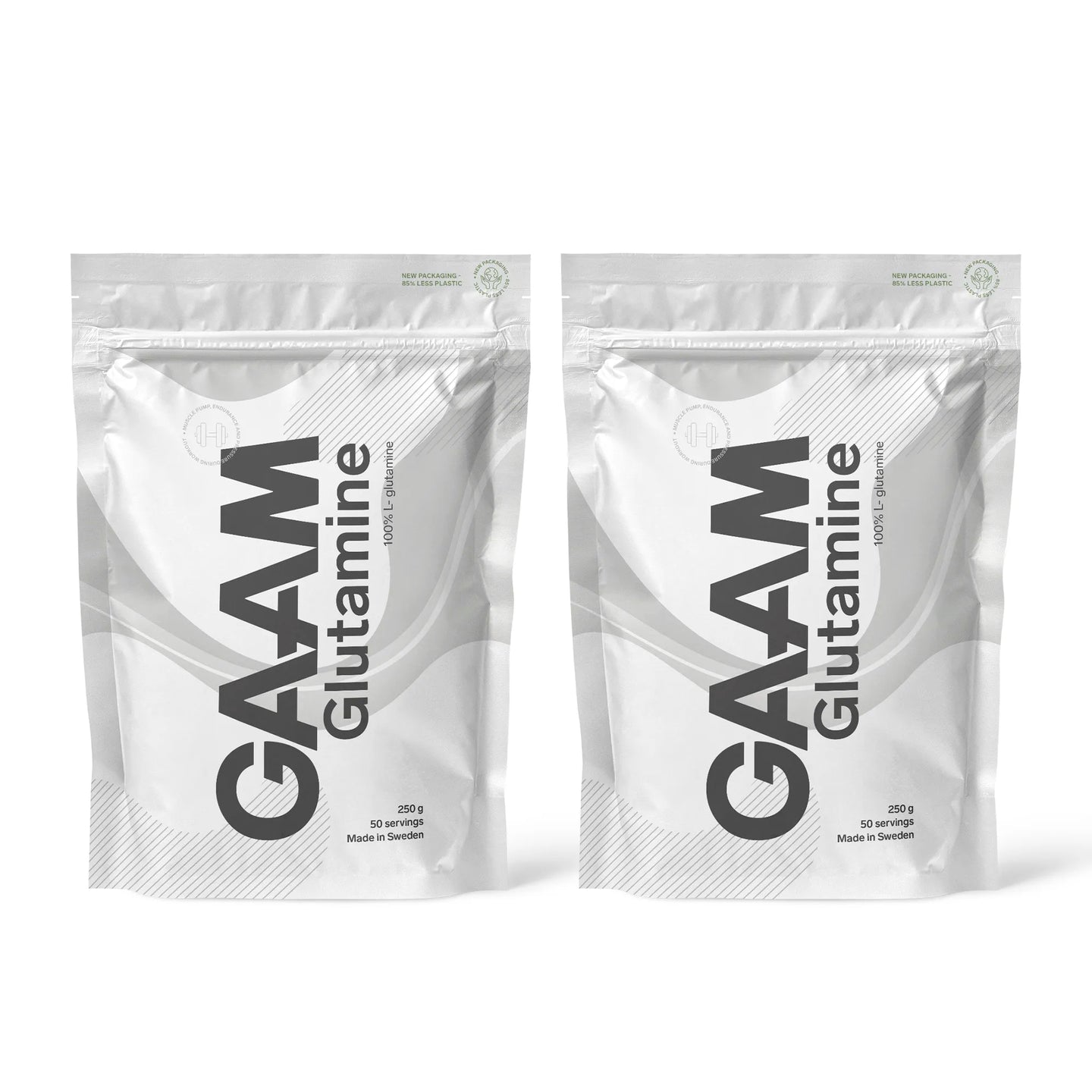 2 x GAAM Glutamine 250 g aminosyrer i to hvite poser med grå detaljer.