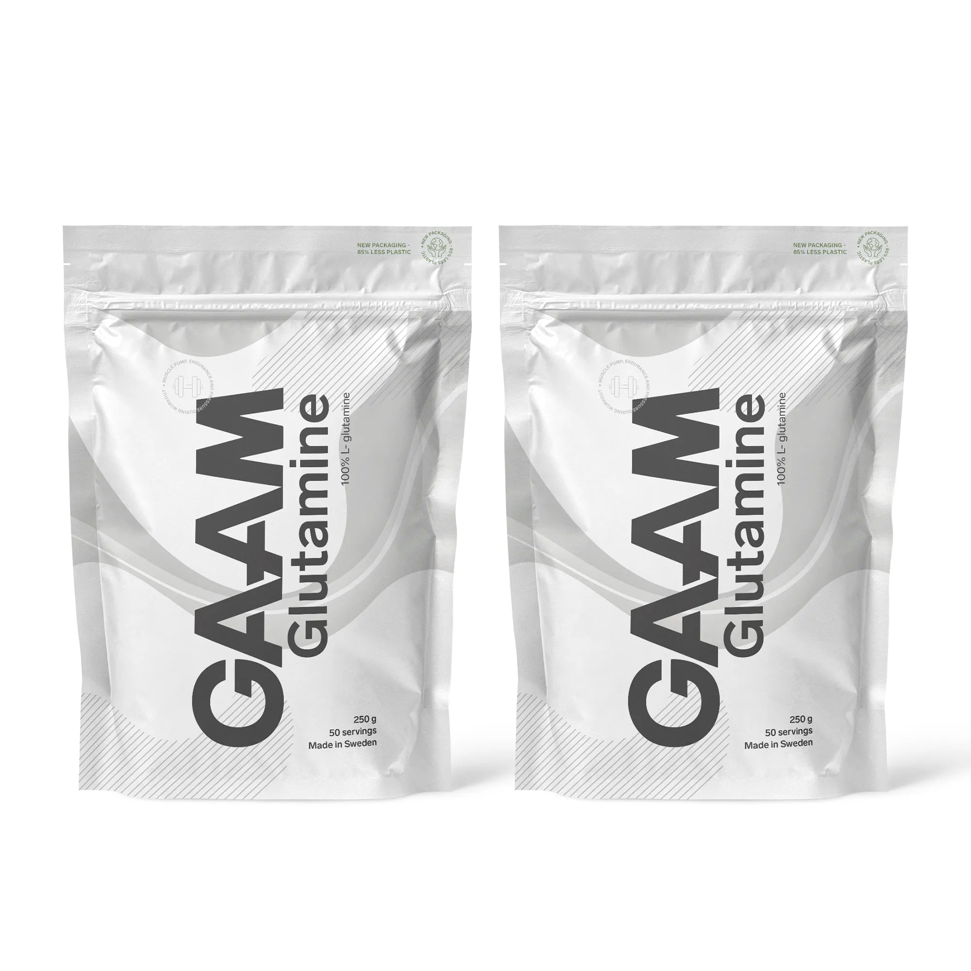 2 x GAAM Glutamine 250 g aminosyrer i to hvite poser med grå detaljer.