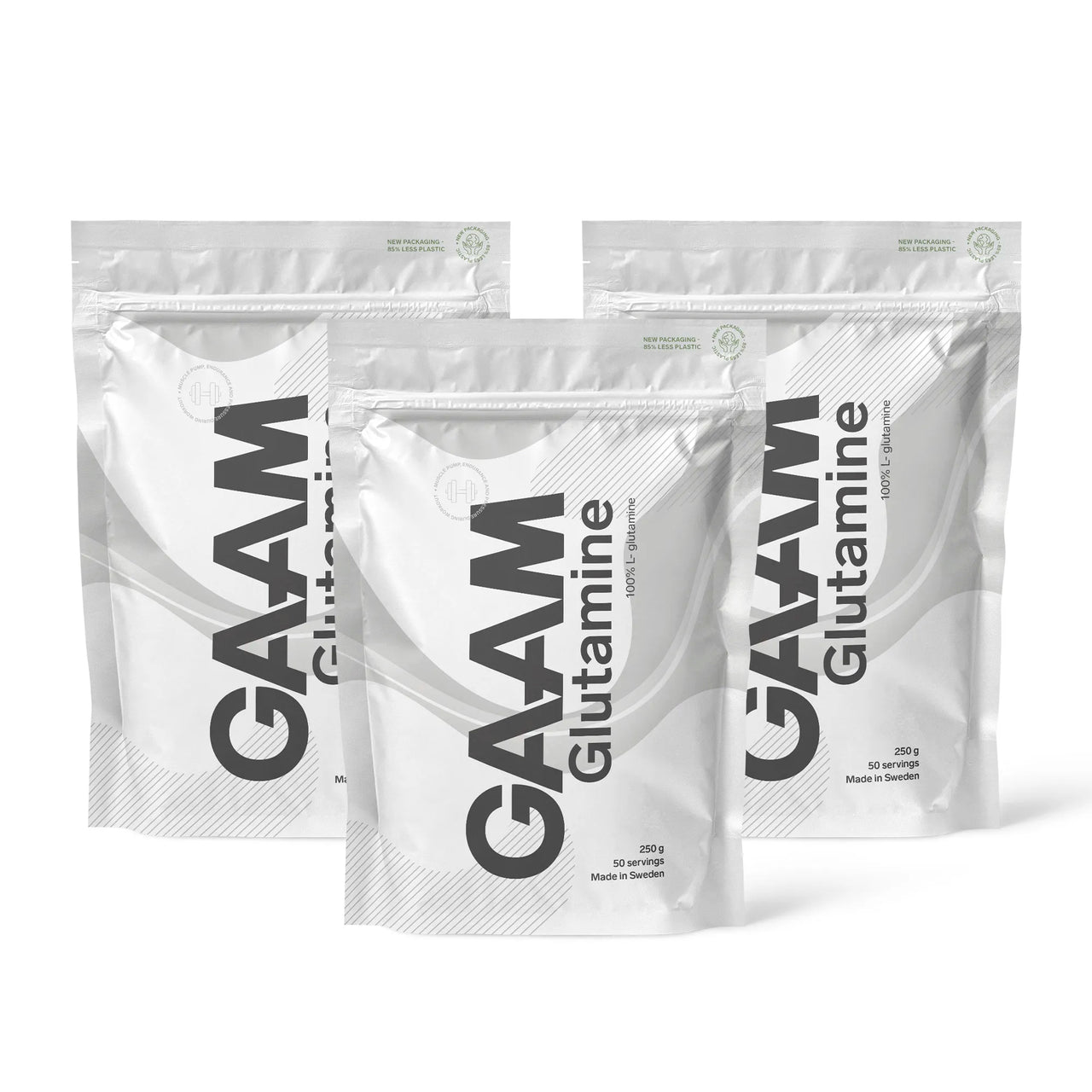 3 x GAAM Glutamine 250 g aminosyrer i tre hvite poser med grå og svarte detaljer.