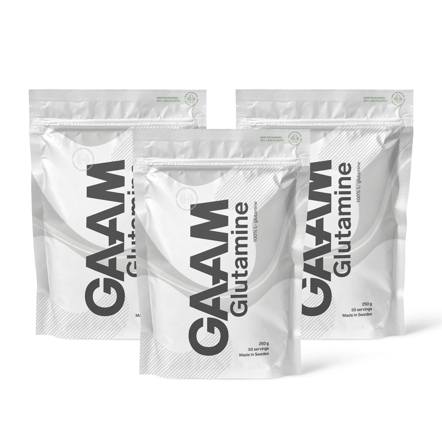 3 x GAAM Glutamine 250 g aminosyrer i tre hvite poser med grå og svarte detaljer.