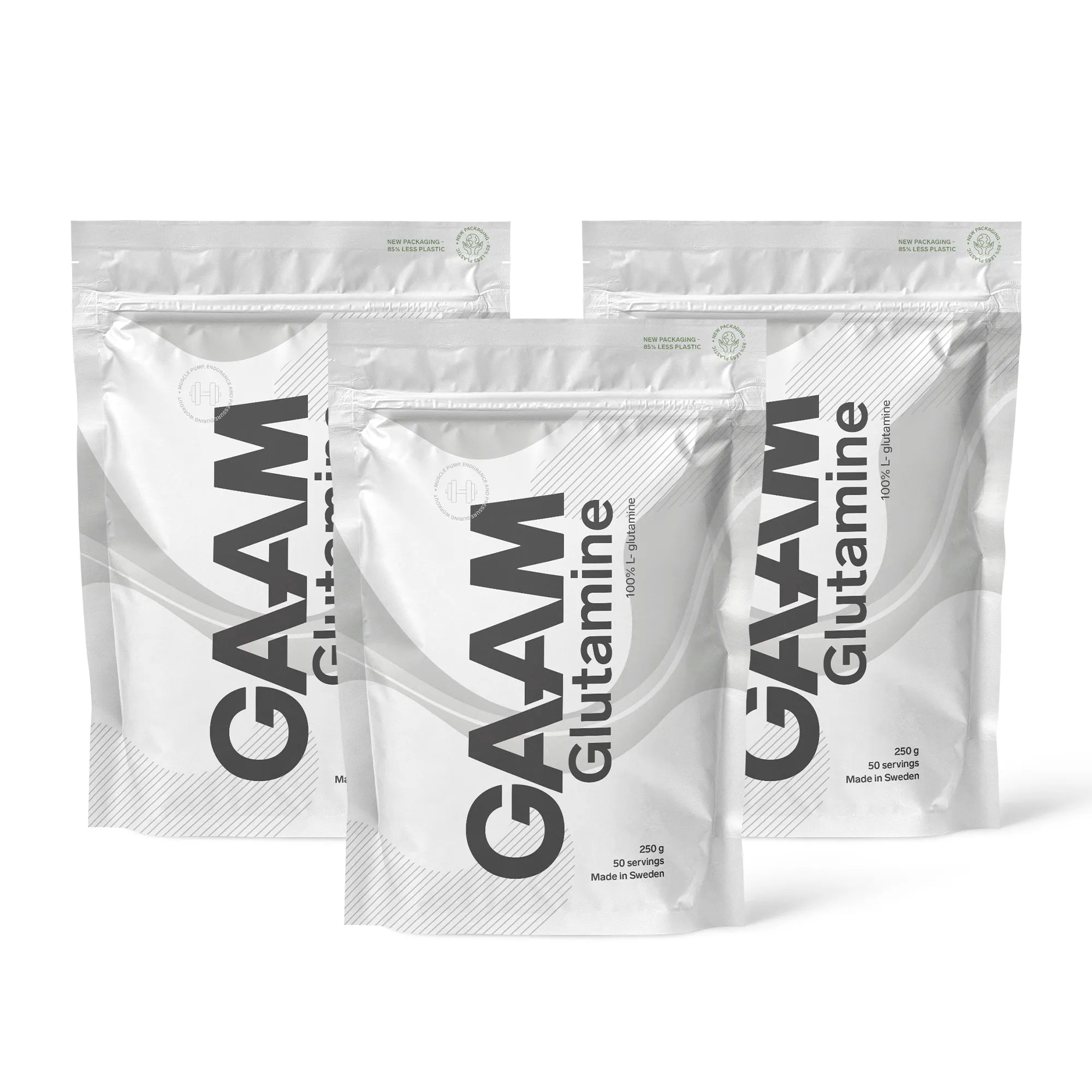 3 x GAAM Glutamine 250 g aminosyrer i tre hvite poser med grå og svarte detaljer.