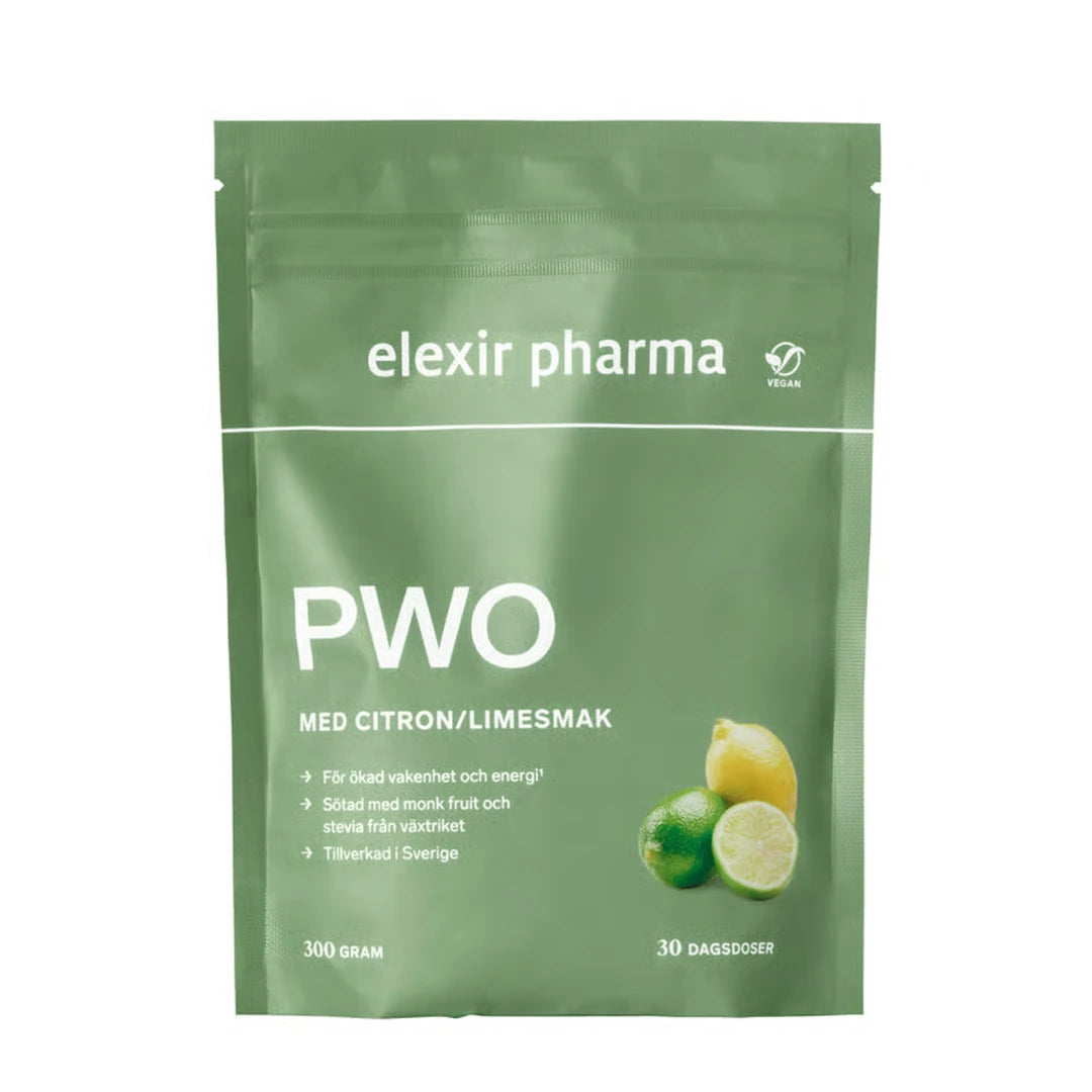 Elexir Pharma PWO 300 g i en grønn pose med hvit tekst og illustrasjon av sitron og lime.