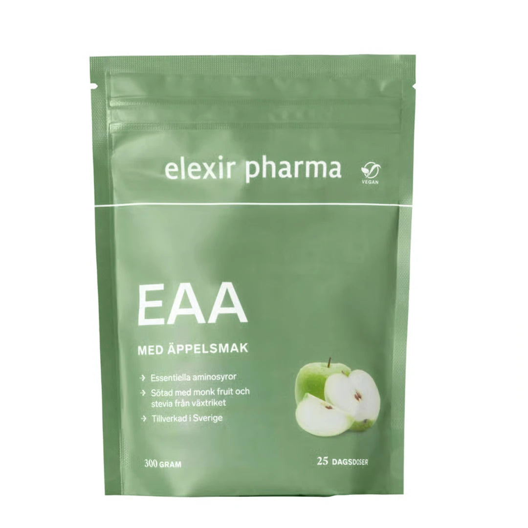 Elexir Pharma EAA 300 g veganske aminosyrer i pulverform, pakket i en grønn pose med eplesmak.