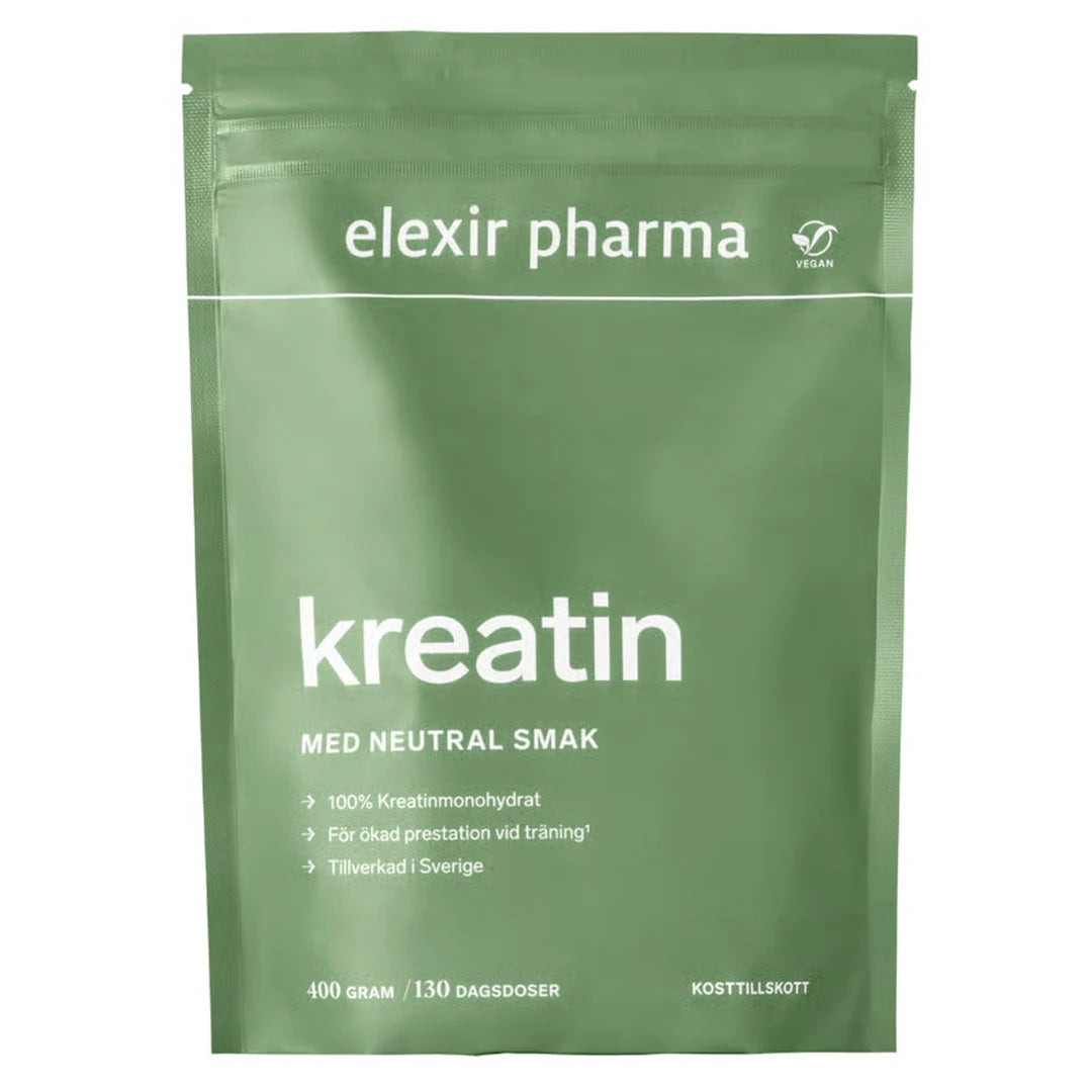 Elexir Pharma Kreatin 400 g Naturell, et rent kreatinmonohydrat i en grønn ståpose med hvit tekst.