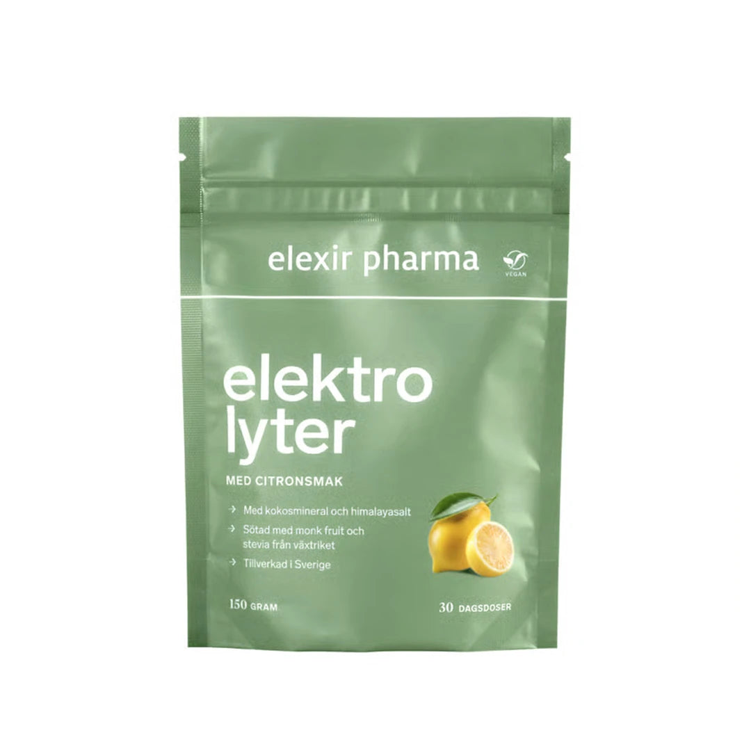 Elexir Pharma Elektrolyter 150 g elektrolyttpulver i en lysegrønn pose med sitronmotiv.