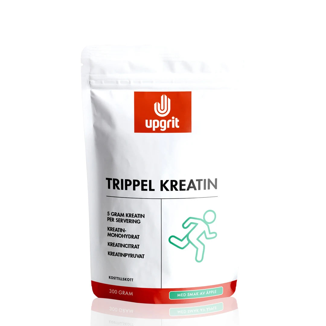 Upgrit Trippel Kreatin 300 g pulver i en hvit stående pose med røde og grønne detaljer og en grønn figur.