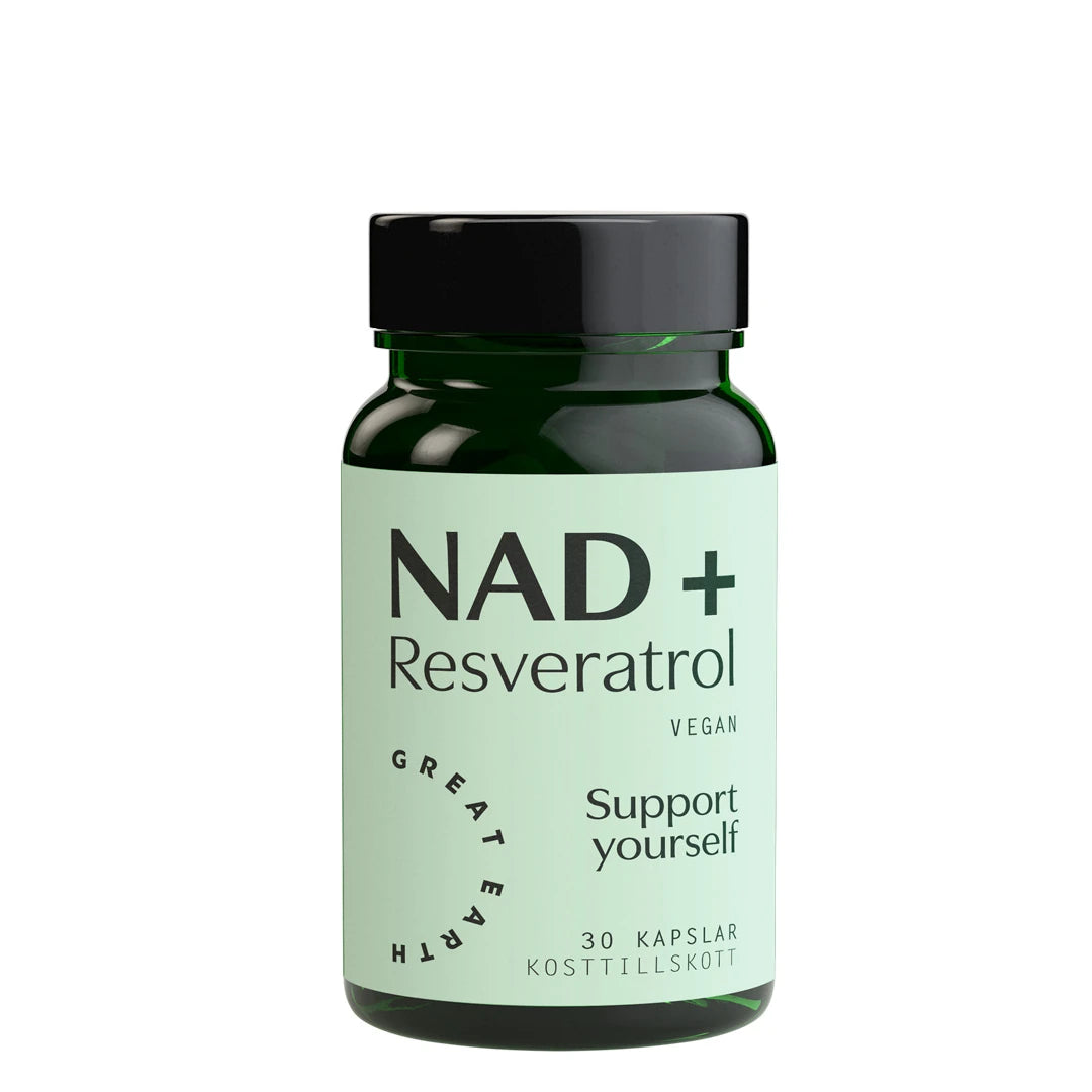 Great Earth NAD+ Resveratrol 30 caps kosttilskudd i en mørkegrønn boks med lysegrønn etikett.