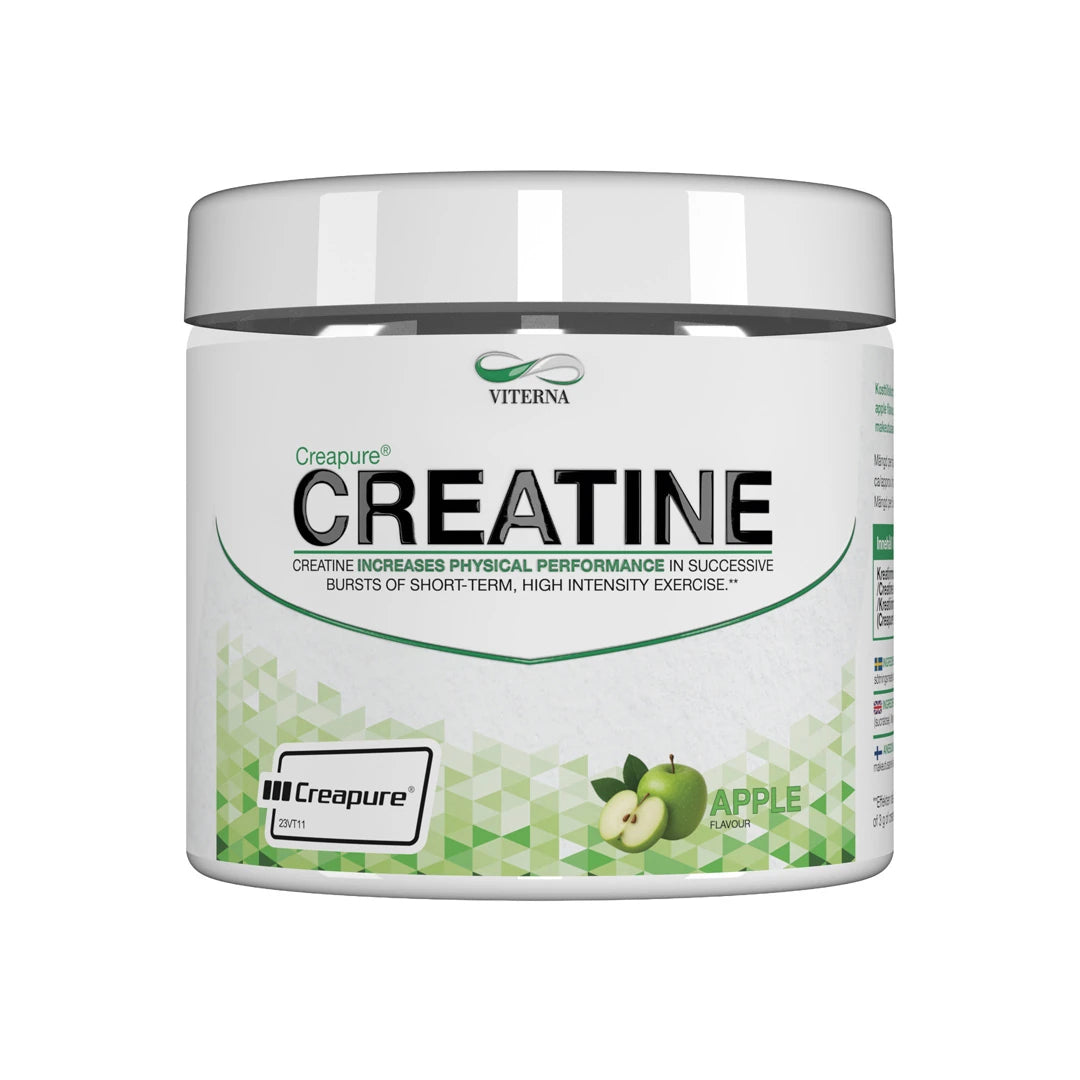 Viterna Creapure® 300 g kreatinpulver i en hvit boks med grønne detaljer og epler for smaken Apple., bilde 1 av 3