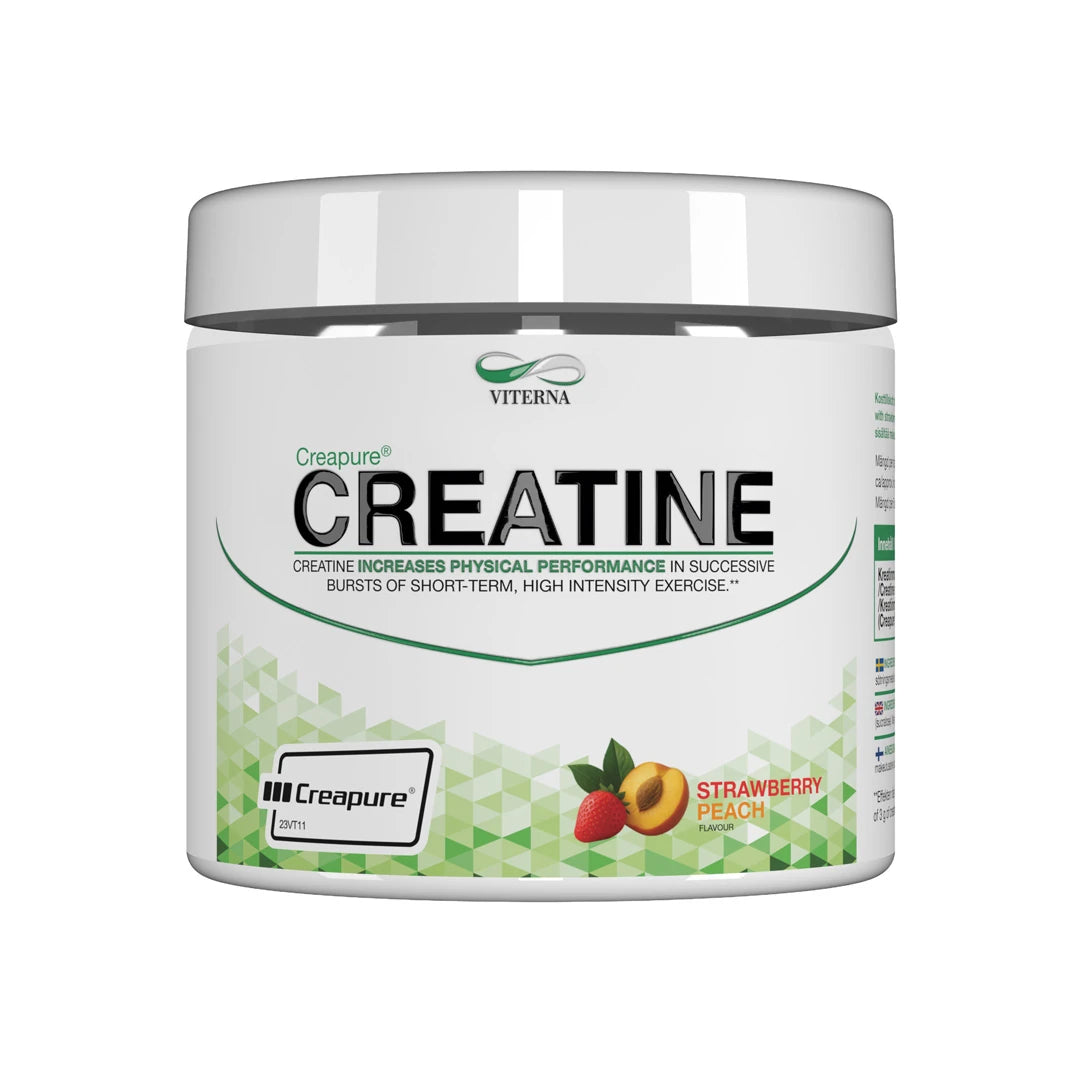 Viterna Creapure® 300 gr Strawberry Peach kreatin i en hvit boks med grønne detaljer for smaken jordbær og fersken., bilde 3 av 3