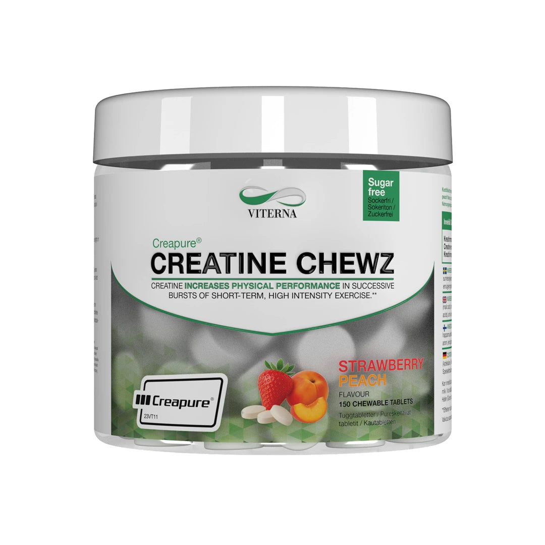 Viterna Creapure® Chewz 150 pcs tyggetabletter i en transparent boks med hvitt lokk for smaken Strawberry Peach., bilde 2 av 2