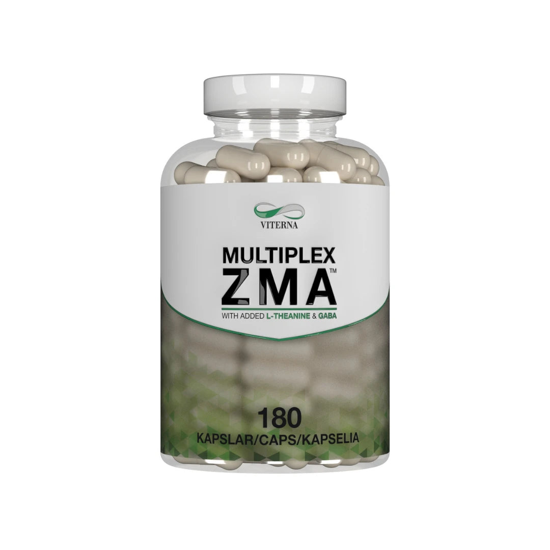 Viterna ZMA Multiplex 180 caps i en transparent boks med hvit etikett og grønne detaljer, fylt med lyse kapsler.