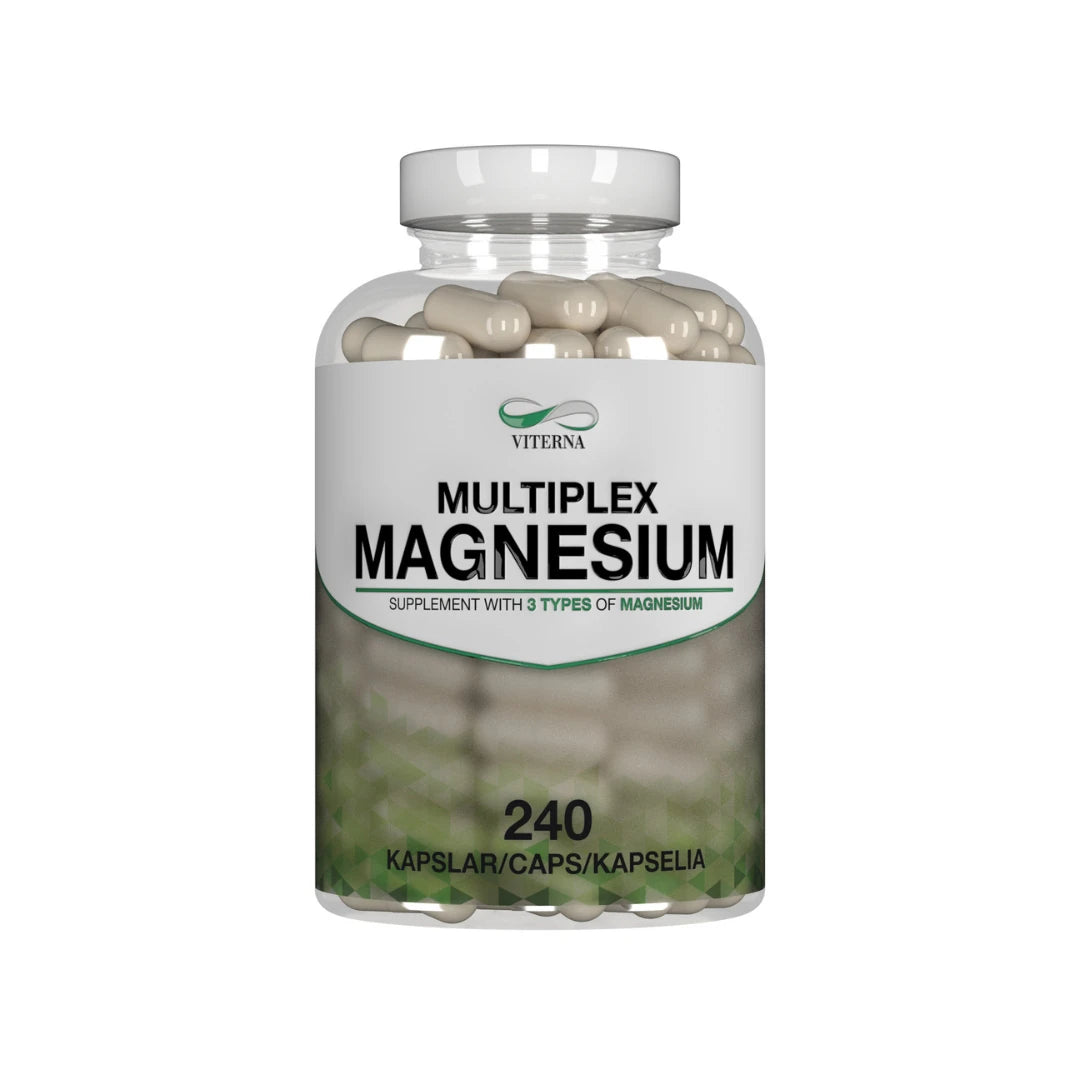 Viterna Multiplex Magnesium 240 caps kosttilskudd i en gjennomsiktig boks med hvit etikett og grønne detaljer.