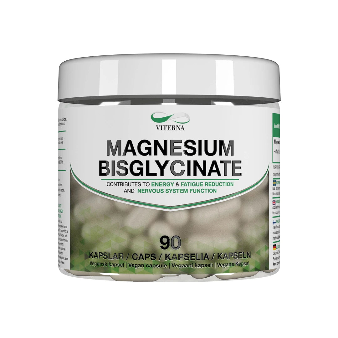 Viterna Magnesium bisglycinate 90 caps i en gjennomsiktig boks med hvitt lokk og etikett med svarte og grønne detaljer.