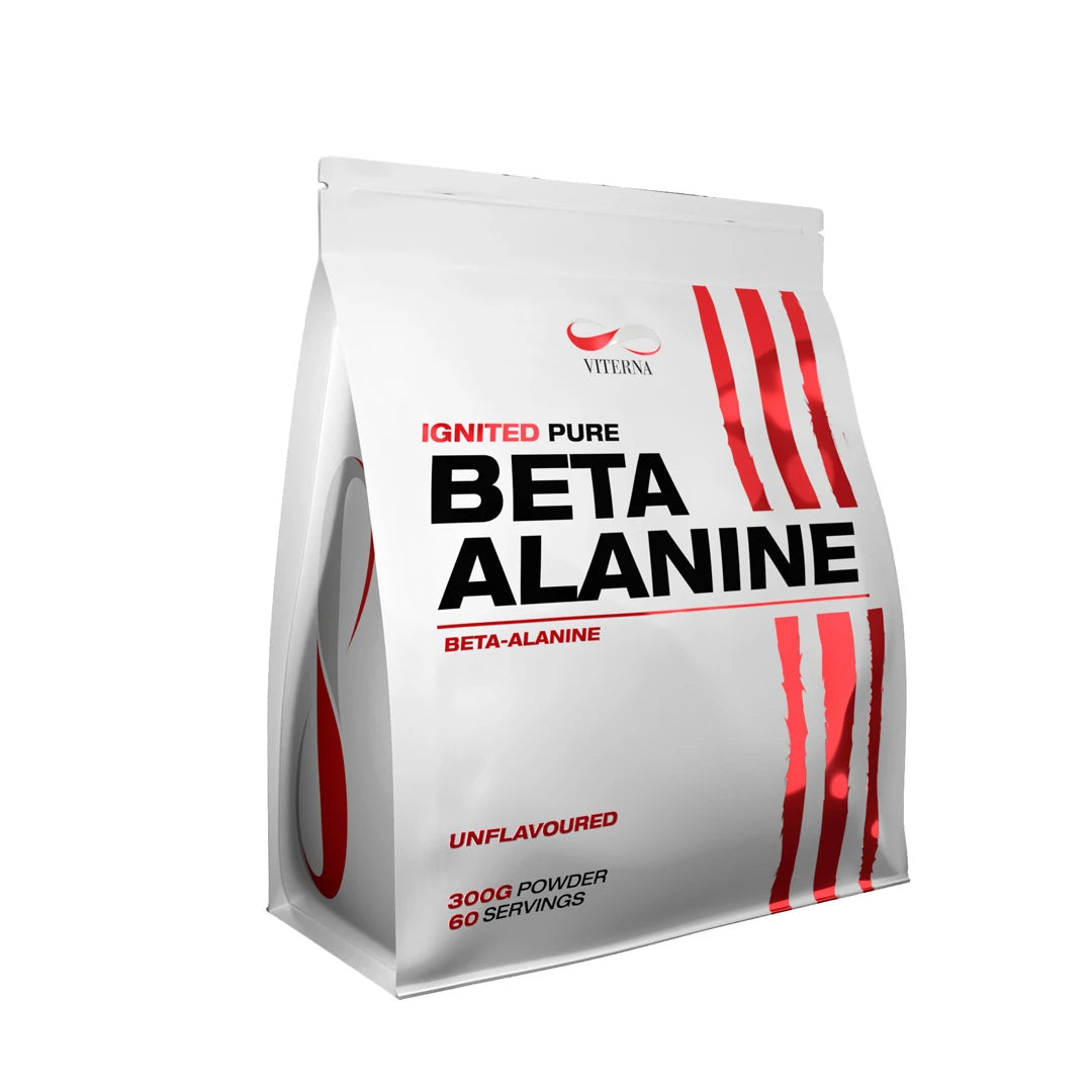 Viterna Beta Alanine Powder 300 g i en hvit pose med røde detaljer og svart tekst for naturell smak.