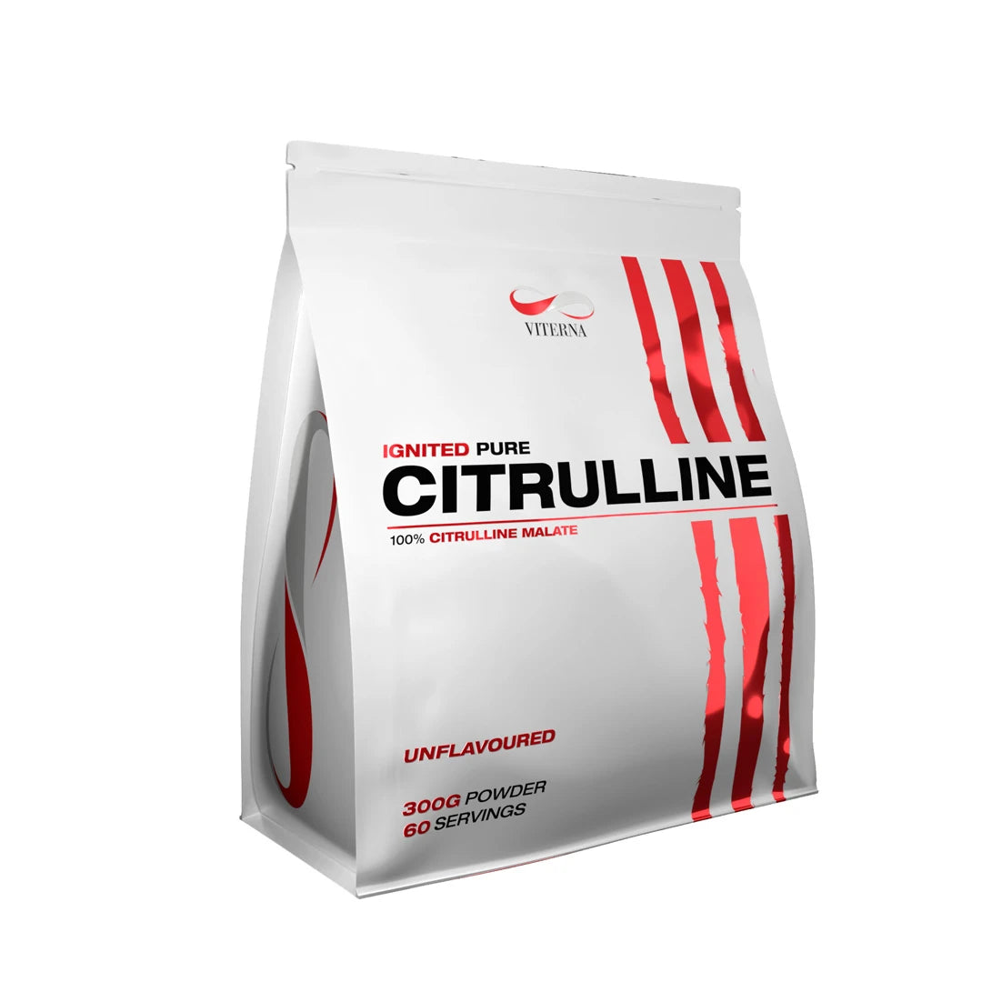 Viterna Citruline Malate Powder 300 g aminosyrer pakket i en hvit pose med røde detaljer og naturell smak.