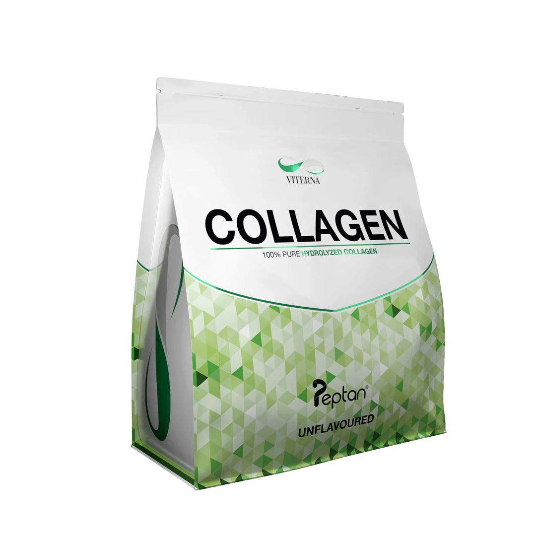 Viterna Pure Collagen - Peptan® 400 g naturell kollagen i en hvit pose med grønt geometrisk mønster.