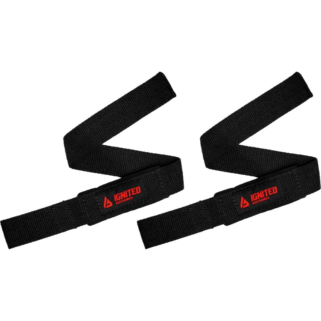 Et par svarte Ignited Classic Padded Lifting Straps Black i slitesterkt materiale med rød logo for tunge løft.