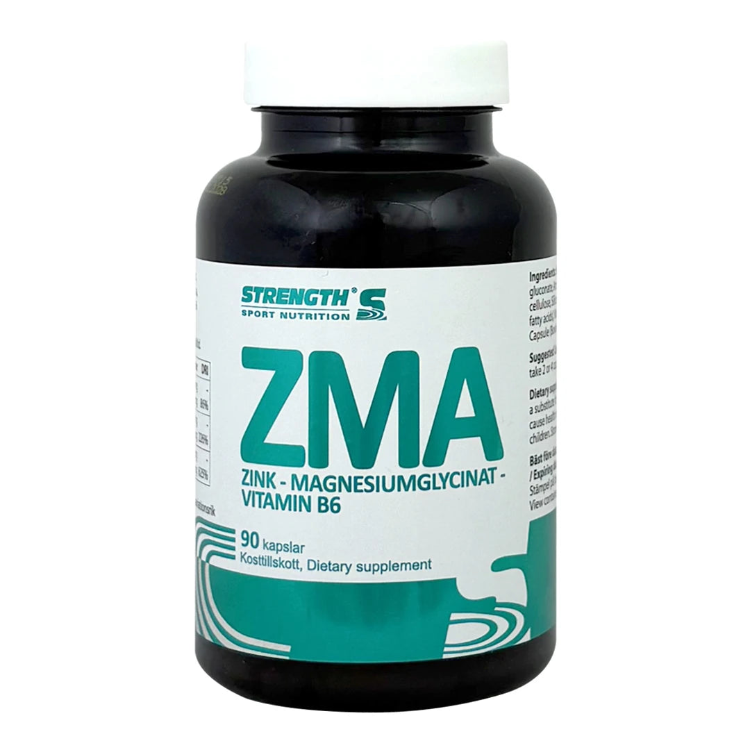 Strength Sport Nutrition ZMA 90 caps kosttilskudd i en svart boks med hvit og grønn etikett.