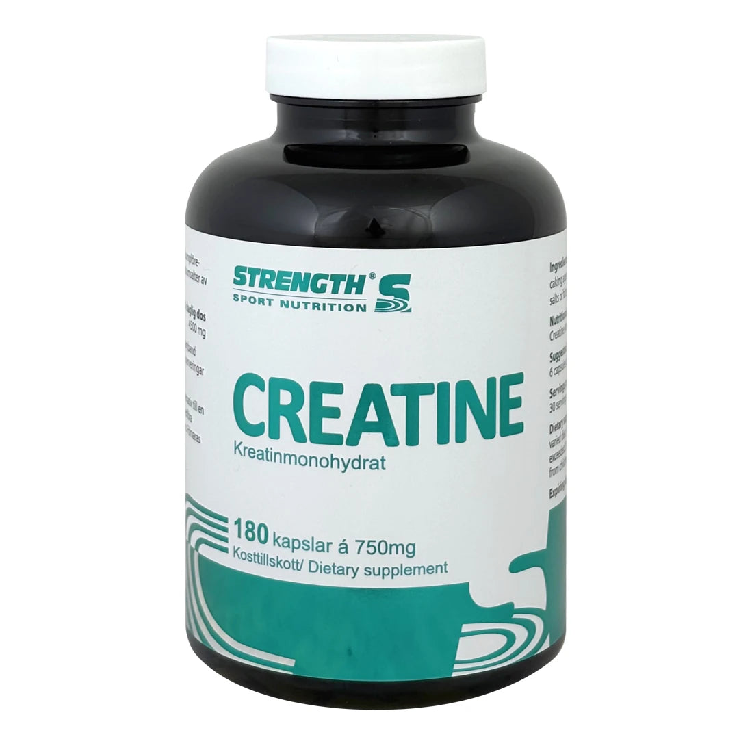 Strength Sport Nutrition Kreatin 180 caps i en svart plastboks med hvitt lokk og grønnhvit etikett.