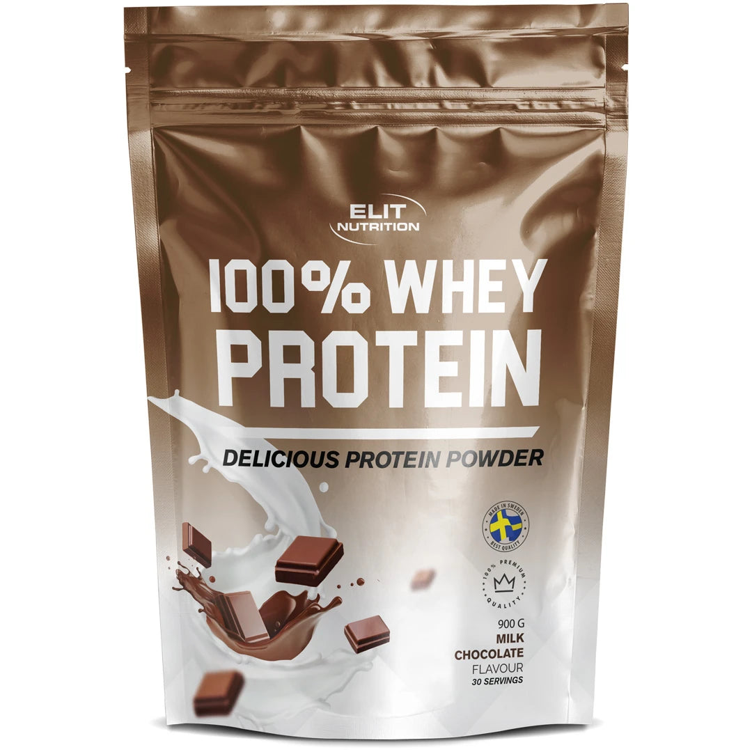 Elit Nutrition 100% Whey Protein 900 g i en brun og hvit pose med sjokoladebiter for smaken Milk Chocolate.