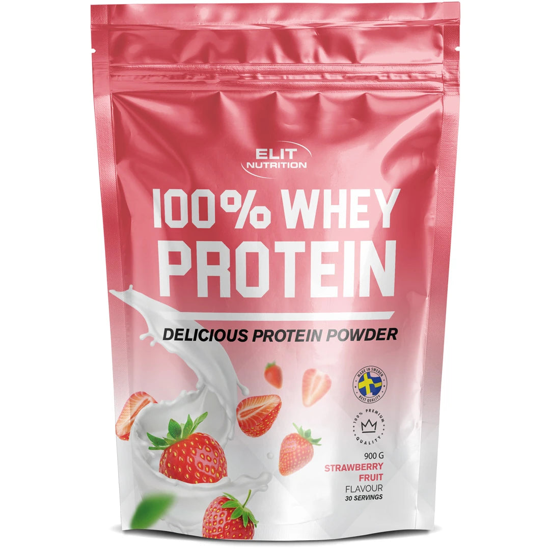 Elit Nutrition 100% Whey Protein 900 g proteinpulver i en rosa pose med jordbær for smaken Strawberry Fruit.