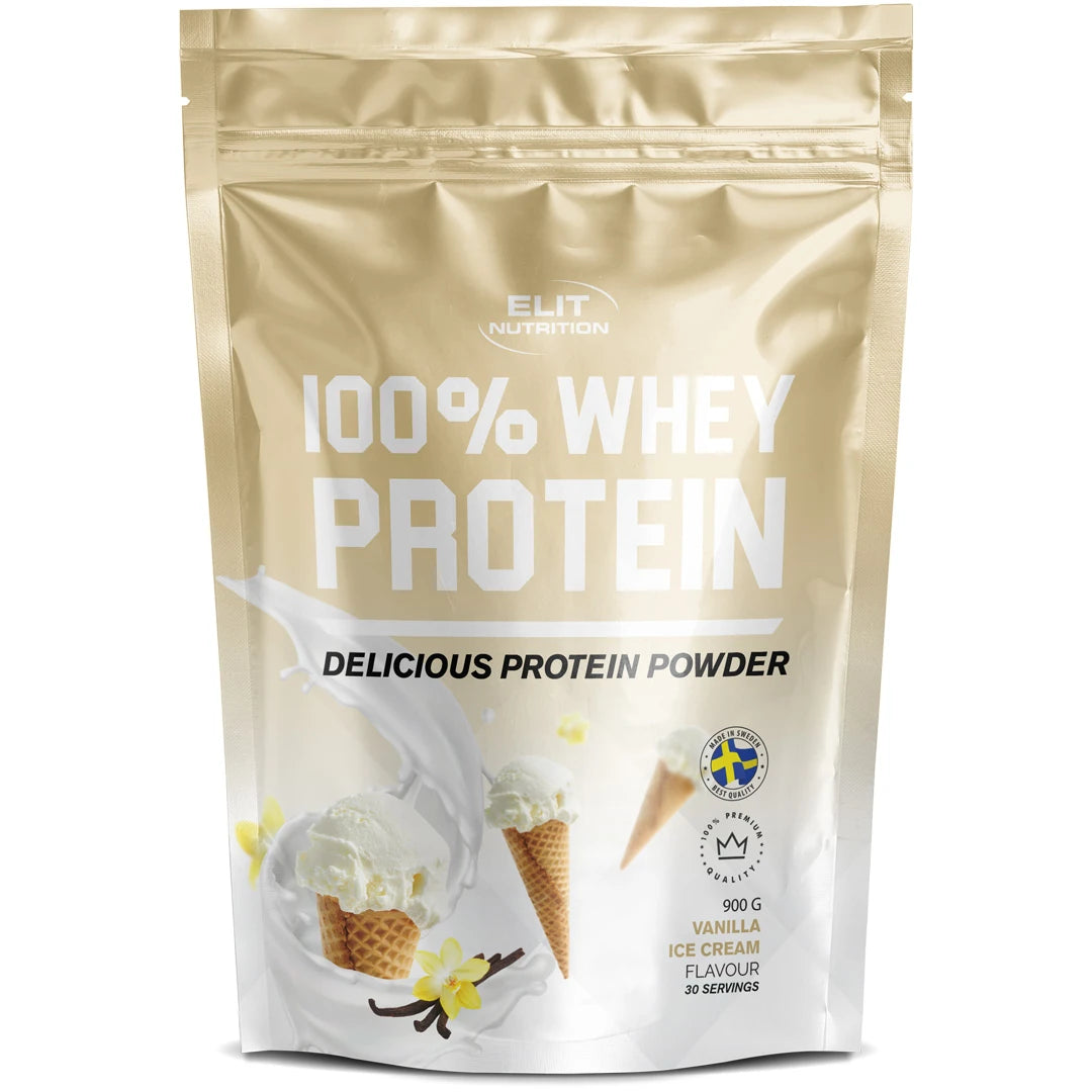 Elit Nutrition 100% Whey Protein 900 g proteinpulver i en lys beige pose for smaken Vanilla Ice Cream., bilde 6 av 6