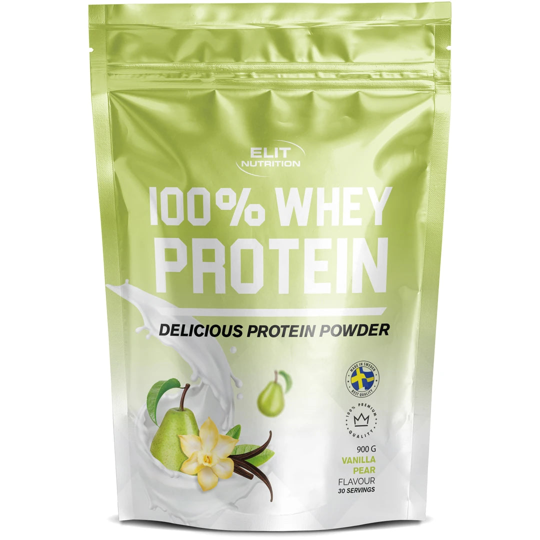 Elit Nutrition 100% Whey Protein 900 g proteinpulver i en lysegrønn pose for smaken Vanilla Pear., bilde 3 av 6