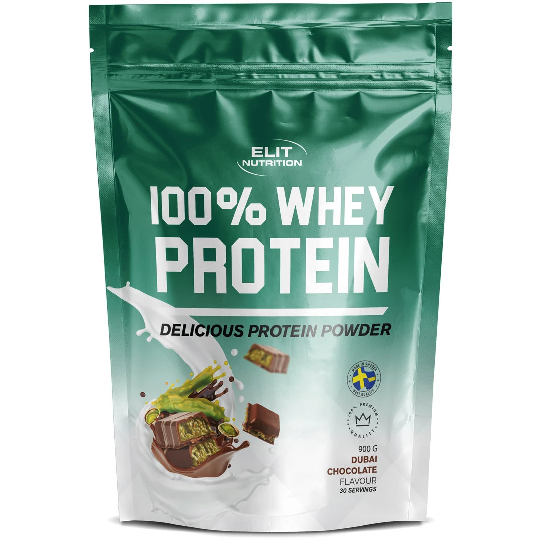 Elit Nutrition 100% Whey Protein 900 g proteinpulver i en grønn pose for smaken Dubai Chocolate., bilde 2 av 6