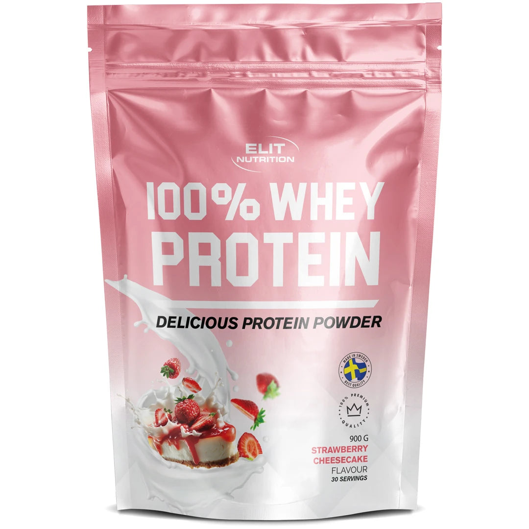 Elit Nutrition 100% Whey Protein 900 g proteinpulver i en rosa pose med smaken Strawberry Cheesecake.