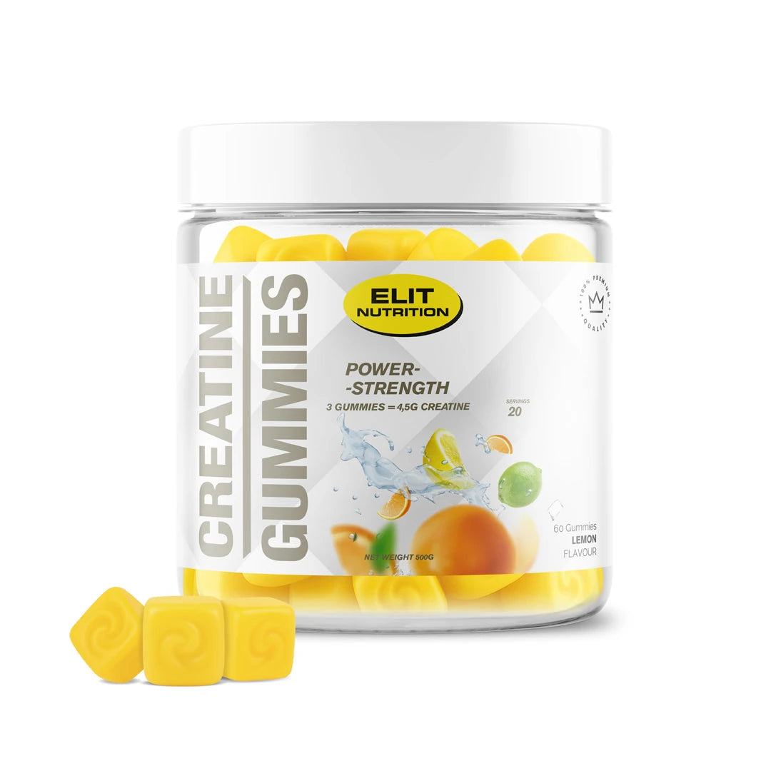 Elit Nutrition Creatine Gummies 60 pcs i en gjennomsiktig boks fylt med gule gummies med sitronsmak.