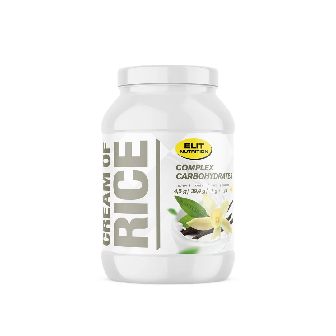 Elit Nutrition Cream of Rice 1 kg karbohydratpulver i en hvit boks med motiv av en vaniljeblomst.