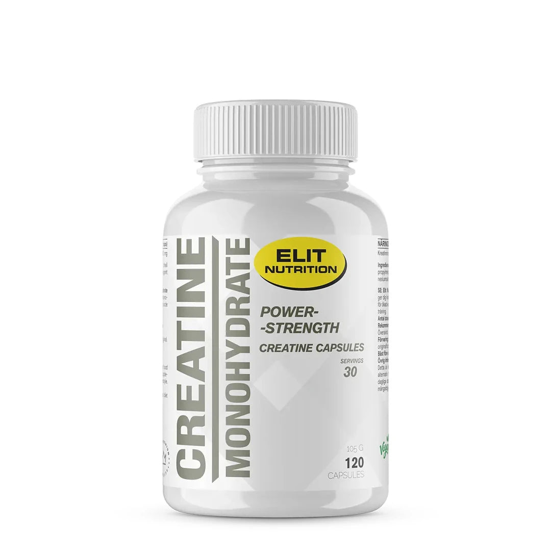 Elit Nutrition Creatine Monohydrate 120 caps i en hvit plastboks med grå tekst og gul logo.