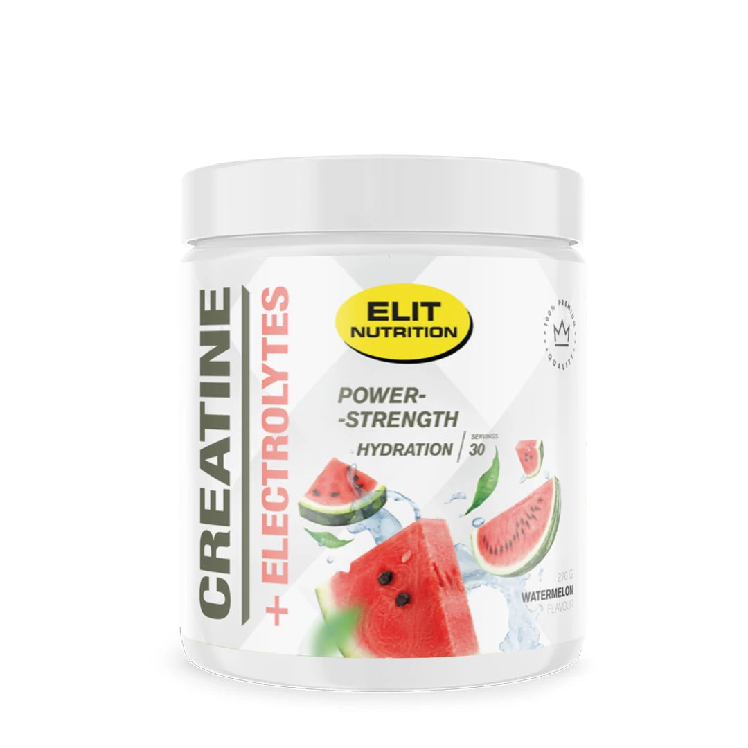 Elit Nutrition Creatine + Electrolytes 270 g i en hvit boks med grafiske vannmelonbiter som indikerer smaken Watermelon.