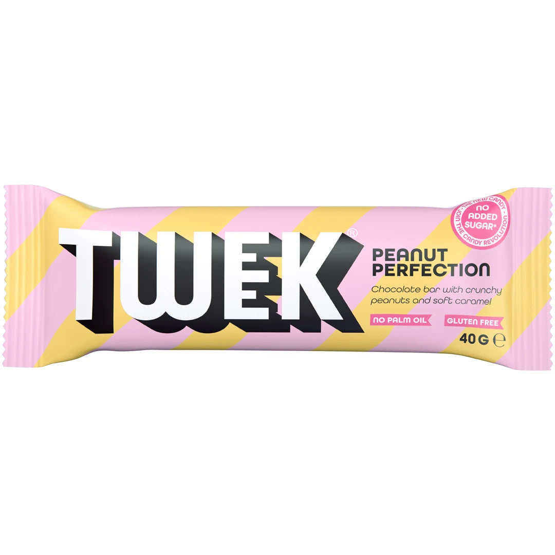 Tweek Sweets Bar 40 g sjokoladebar i smaken Peanut Perfection i et gult og rosastripet omslag., bilde 1 av 3