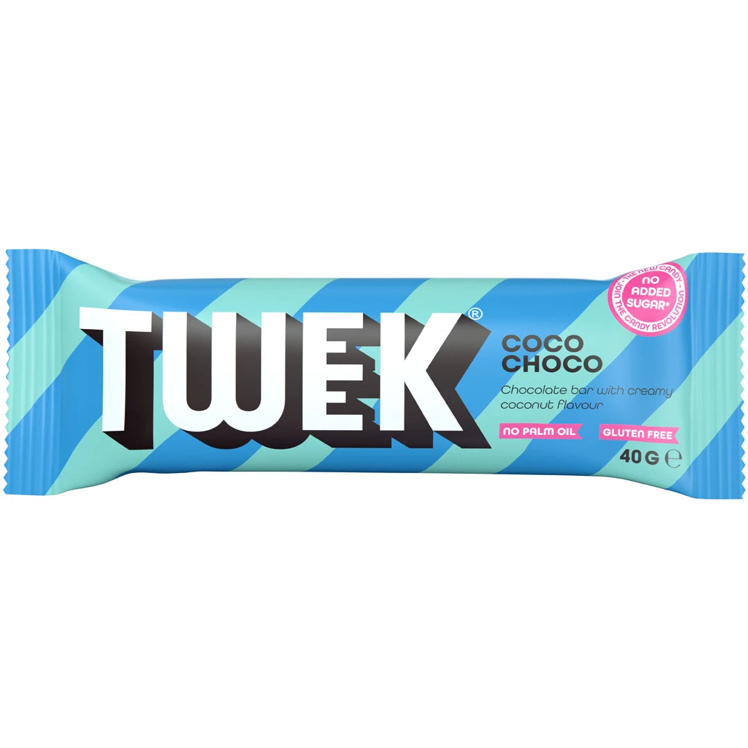 Tweek Sweets Bar 40 g sjokoladebar i en lyseblå og turkis stripete forpakning med smaken Coco Choco.