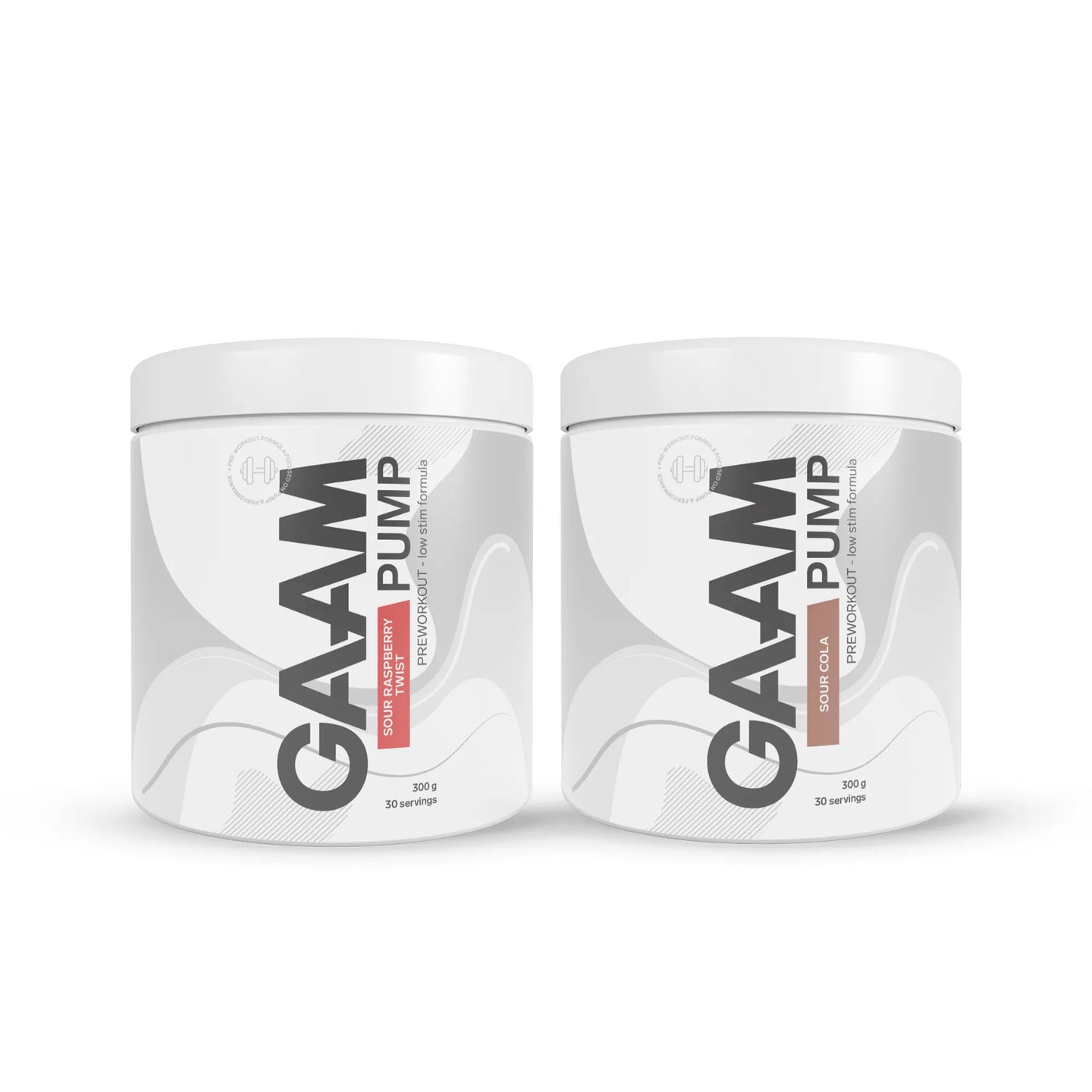 2 x GAAM PUMP 300 g i en 2-pakning med hvite bokser og grått mønster for smakene Sour Raspberry Twist og Sour Cola.