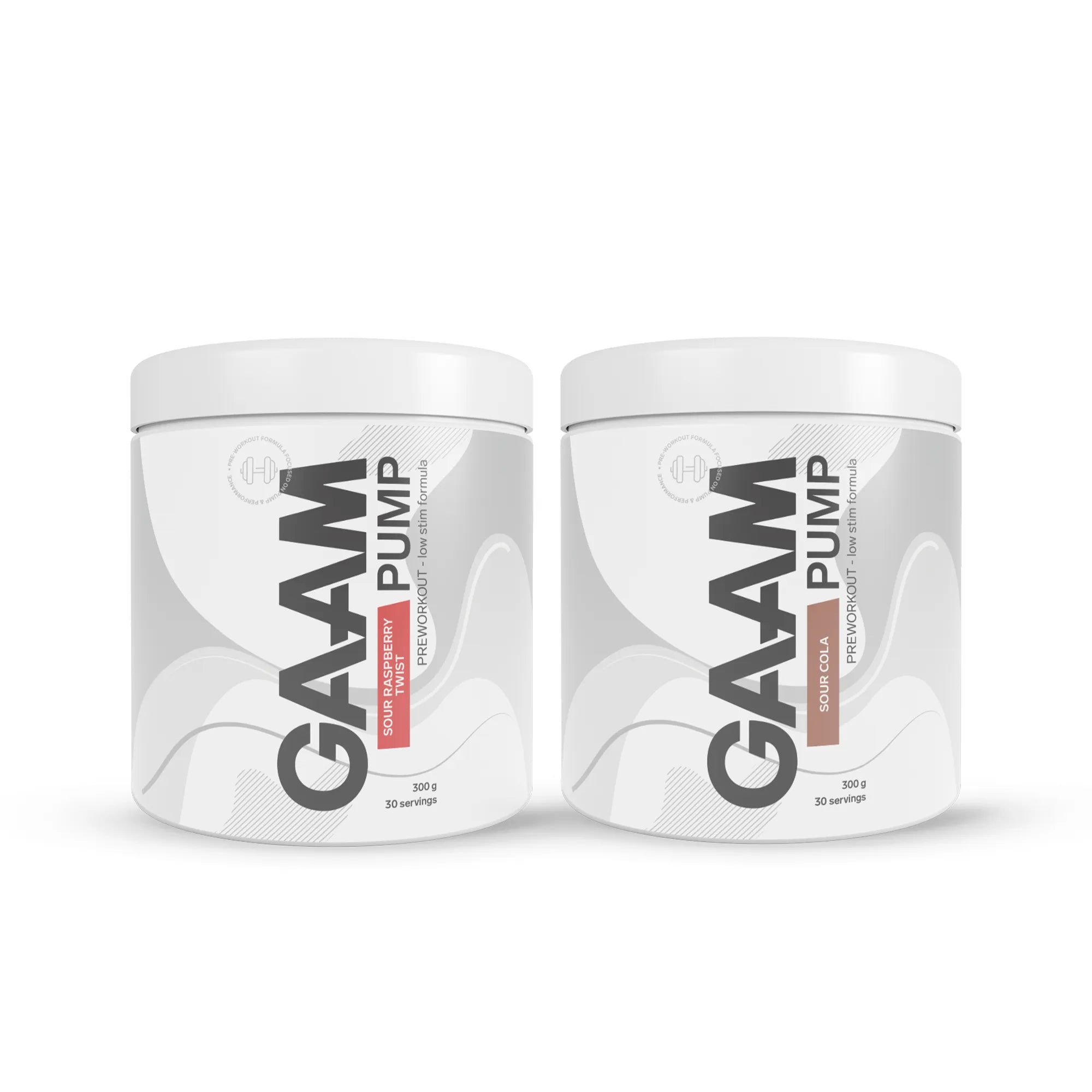 2 x GAAM PUMP 300 g i en 2-pakning med hvite bokser og grått mønster for smakene Sour Raspberry Twist og Sour Cola.