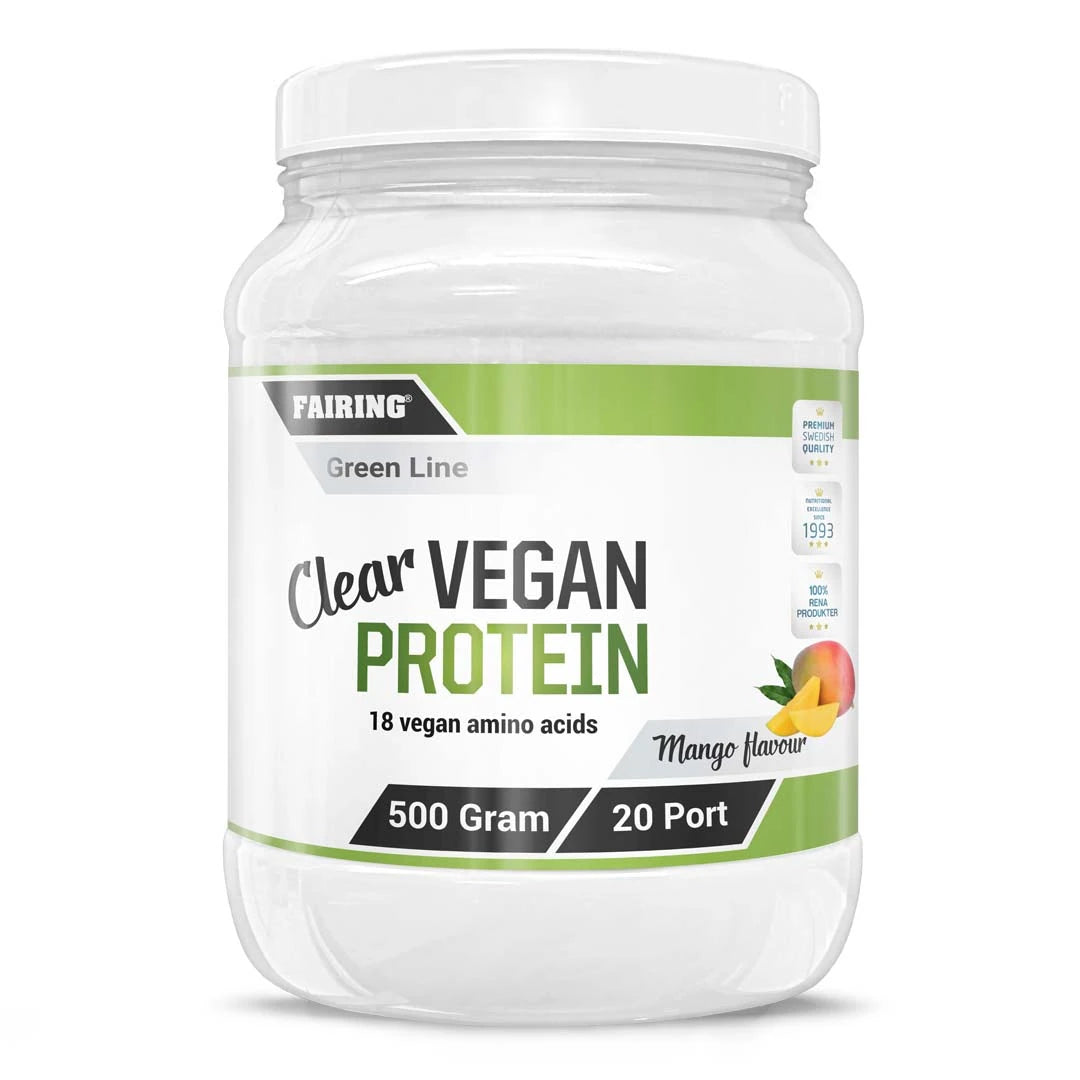 Fairing Clear Vegan Protein 500 g vegansk proteinpulver i en hvit plastboks med grønn etikett for smaken Mango.