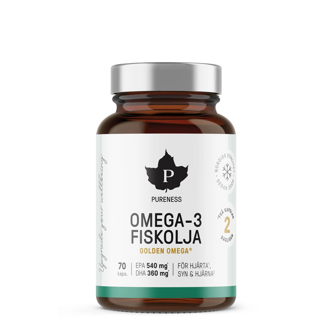 Pureness Omega-3 Fiskolja 70 caps, pakket i en mørkebrun boks med sølvfarget lokk og stilren hvit etikett.