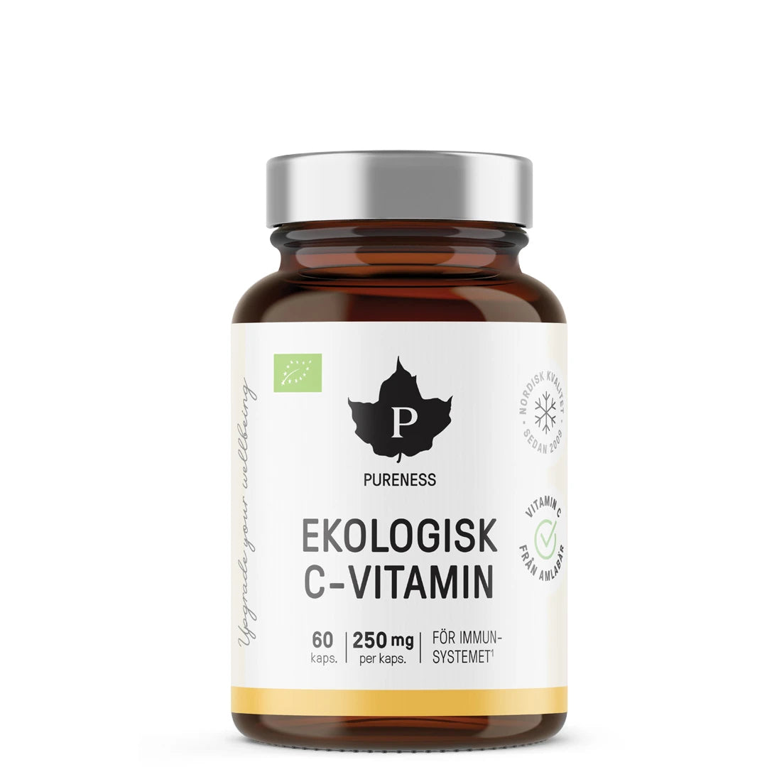Pureness Økologisk C-vitamin 60 caps med veganske kapsler i en mørk boks med hvit etikett og sølvlokk.