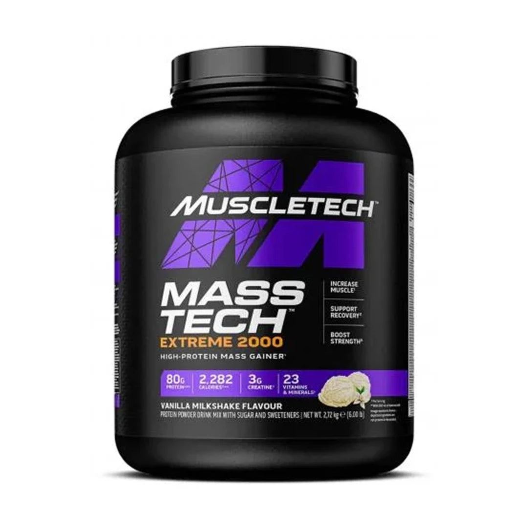 Muscletech Mass-Tech Extreme 2000 2.72 kg gainer i en svart boks med lilla detaljer og smaken Vanilla Milkshake.
