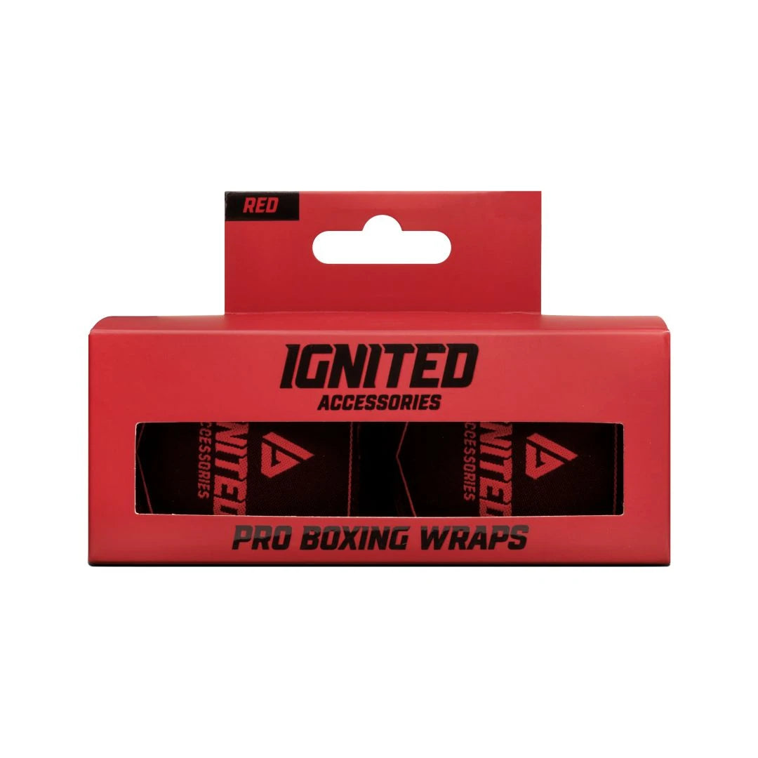 Ignited Boxing Hand Wraps Red 4.5 pakket i en rød eske med synlige svarte detaljer for optimal støtte.