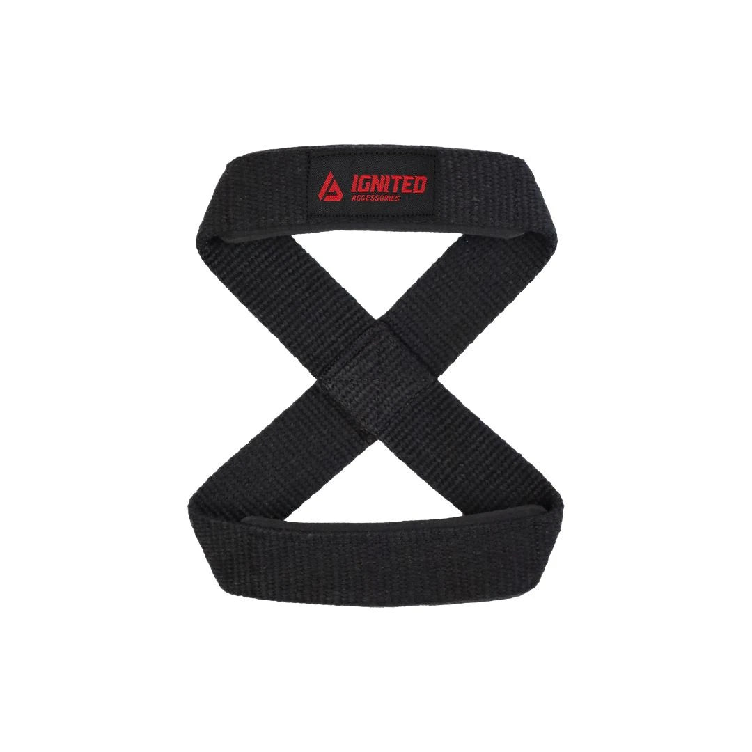 Svarte Ignited Figure 8 Lifting Straps i slitesterk bomull med rød logo, designet for tunge løft.