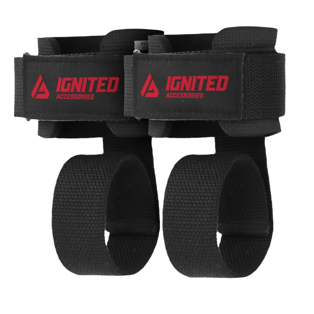 Ignited Supported Lifting Straps Black, to svarte drareimer i canvas og neopren med røde logoer for tunge løft.