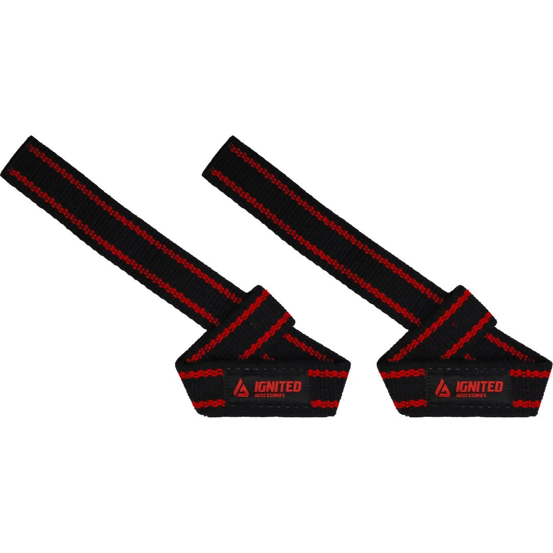 Ignited Premium Padded Lifting Straps Black/Red, to svarte løftereimer i bomullscanvas med røde detaljer og polstring.